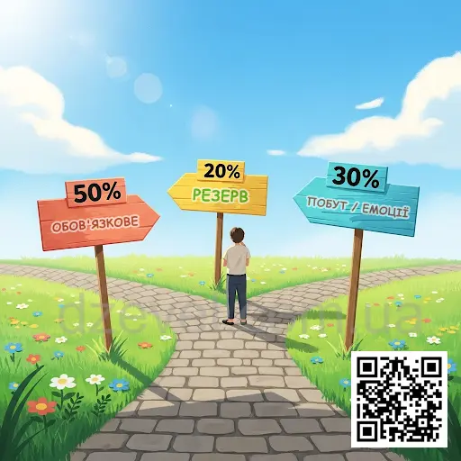 людина стоїть на роздоріжжі перед трьома покажчиками з написом: 50% Обов'язкове, 20% Резерв, 30% Побут/Емоції, що ілюструє правило розподілу особистого бюджету