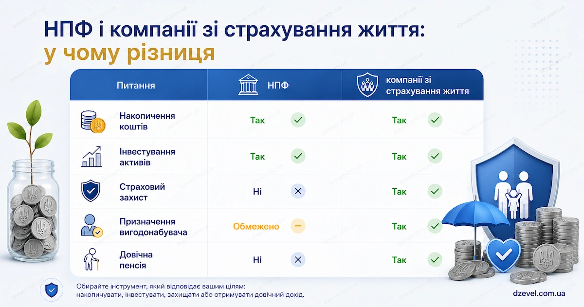 Порівняння НПФ і страхових компаній життя: накопичення, інвестування, страховий захист та довічна пенсія
